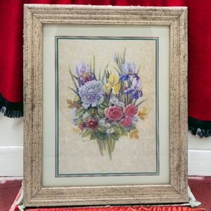 Print Picture Photo Art Frame Floral Flowers Multi Colored Garden Brown Vanilla